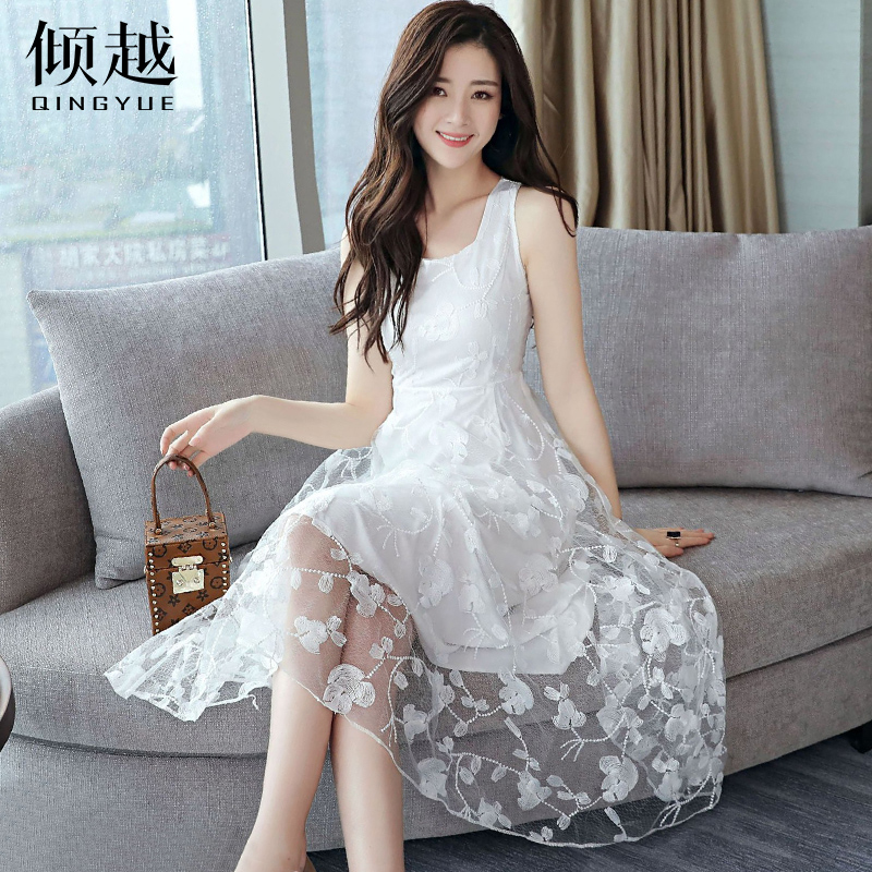 傾越2017新款夏裝甜美小清新蕾絲無袖連衣裙雪紡公主沙灘背心裙潮