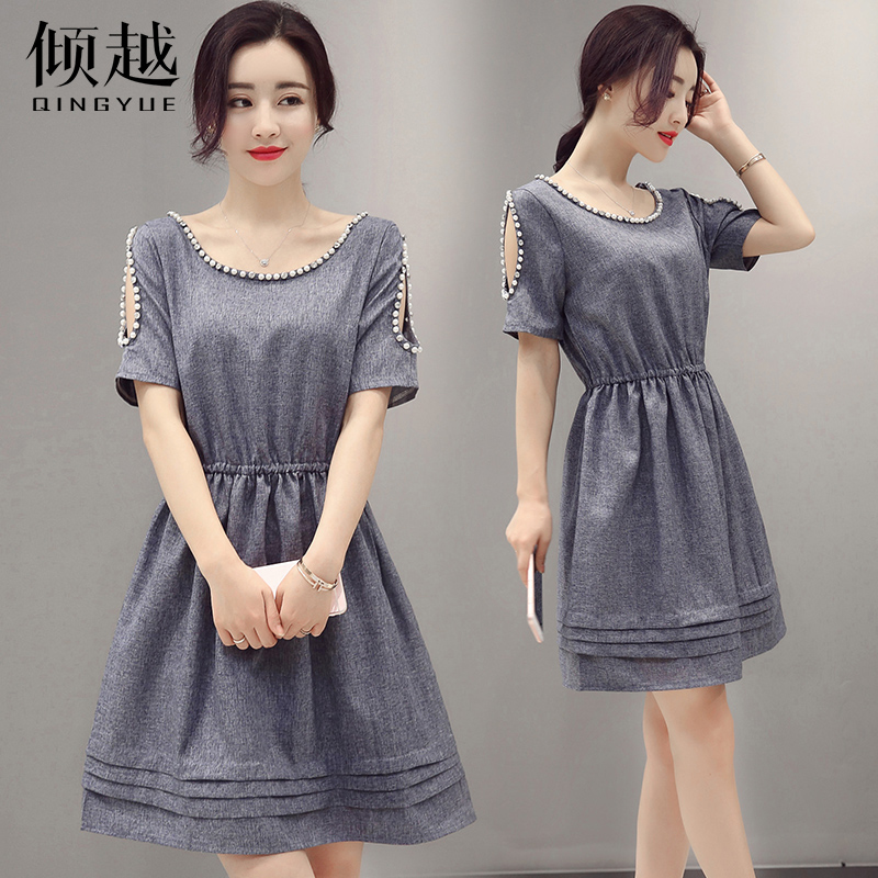 傾越2017夏季女裝收腰圓領短袖露肩連衣裙修身顯瘦簡約甜美裙子潮