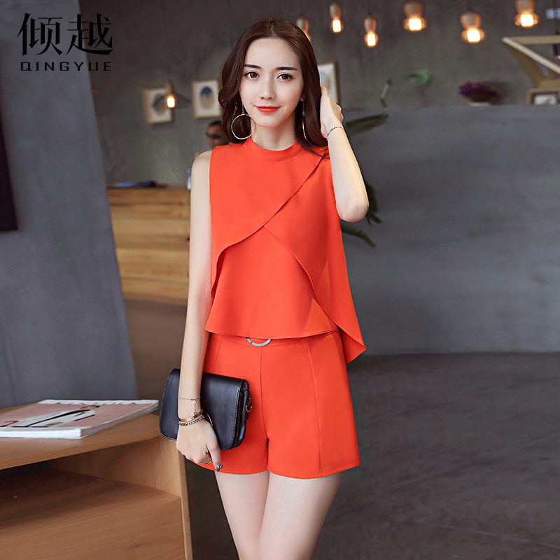 傾越夏季套裝女時尚兩件套2017新款韓版寬松雪紡上衣休閑短褲套裝