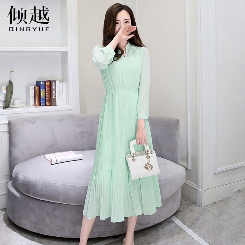 傾越雪紡連衣裙女中長款2017新款春夏百搭v領氣質長袖修身百褶裙