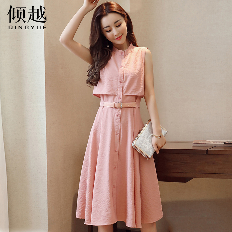傾越2017夏季新款女裝假兩件襯衫裙中長款無袖連衣裙學院風A字裙