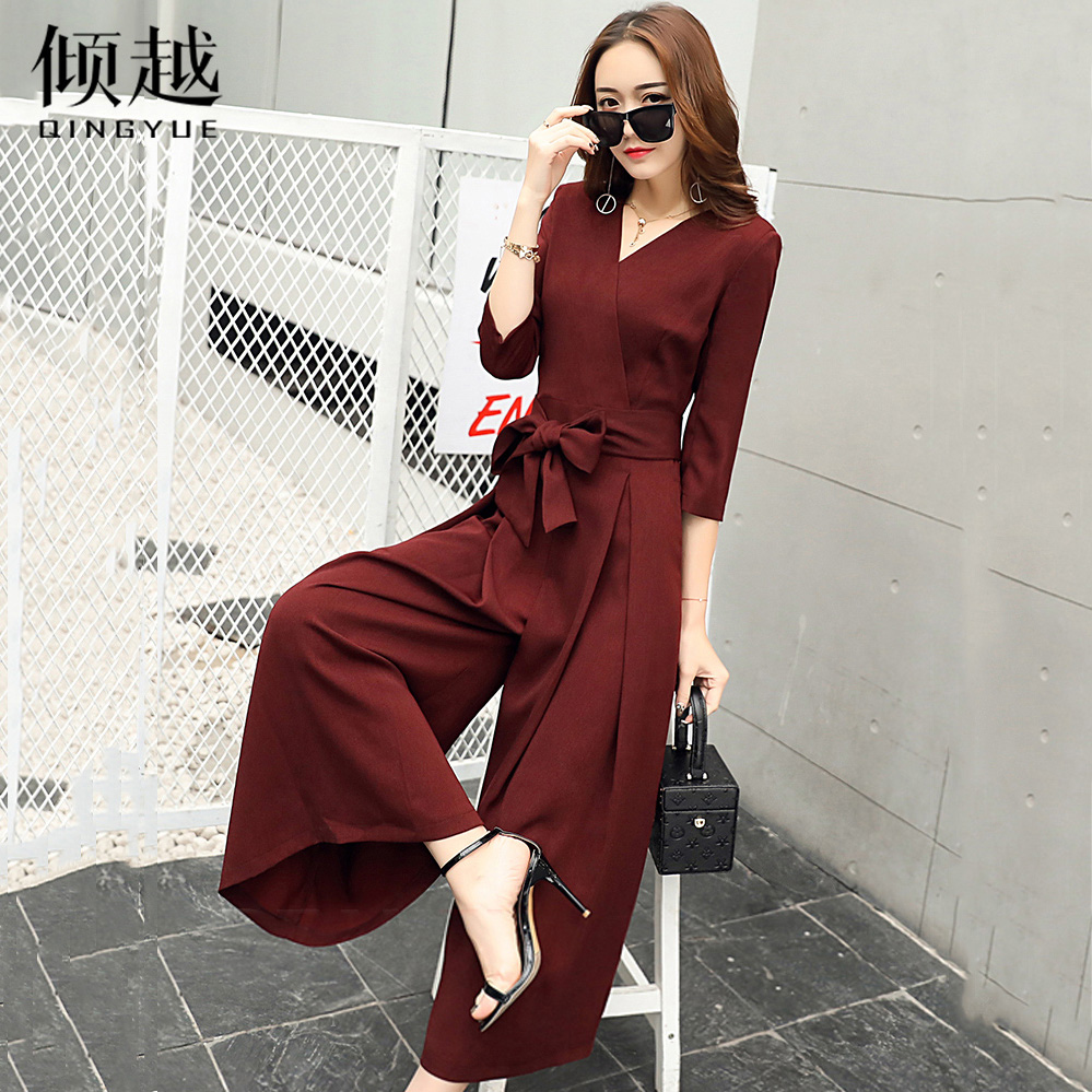 傾越連體褲夏季女2017新款韓版高腰V領七分袖腰部系帶闊腿褲套裝