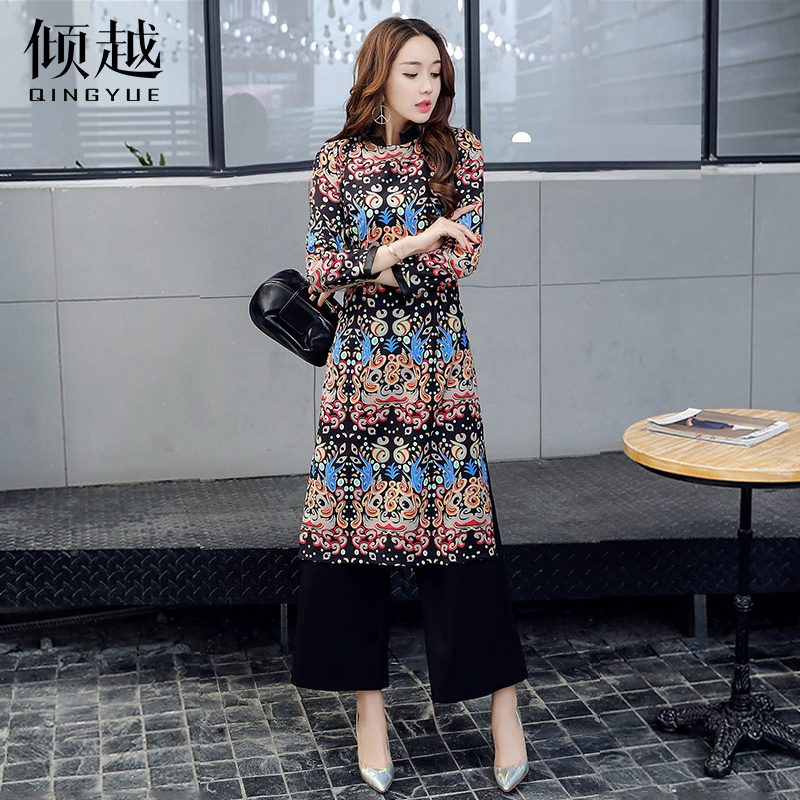 傾越2017春裝新款民族風女裝連衣裙中長裙套裝闊腿褲春秋長袖修身
