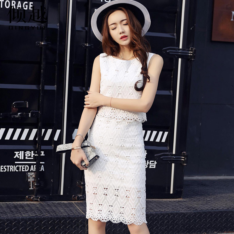 蕾絲連衣裙潮2017夏季新款韓版女裝無袖包臀時尚套裝裙休閑兩件套