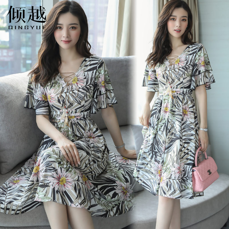 2017夏季新款韓版時尚氣質印花大擺裙女顯瘦中長款V領雪紡連衣裙