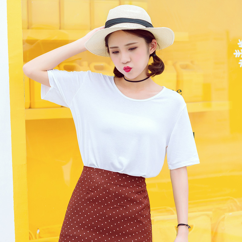 夏季新款女裝學院風百搭簡約白色圓領短袖t恤寬松體恤上衣潮