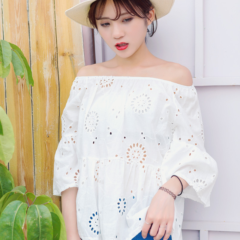 韓版夏裝新款女裝蕾絲鉤花鏤空雪紡衫女一字領露肩白色上衣潮