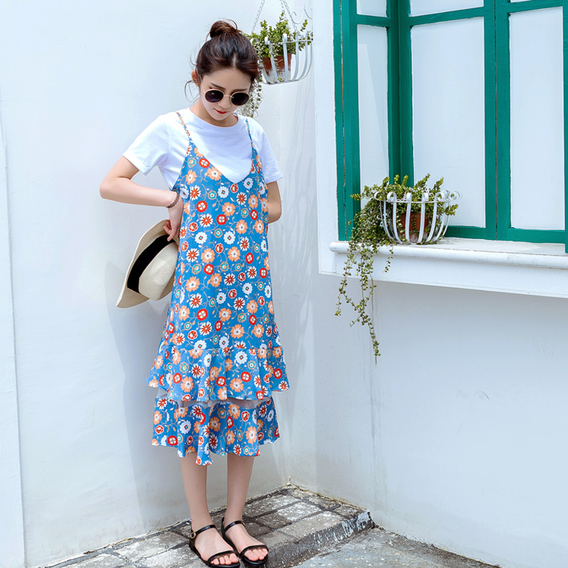 夏裝新款女裝碎花印花吊帶連衣裙韓版中長款短袖荷葉邊裙子潮