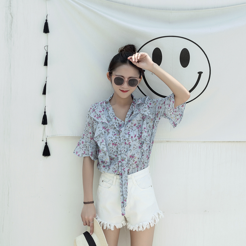 春夏季韓版系帶蝴蝶結喇叭袖碎花套頭雪紡衫女荷葉邊上衣小衫