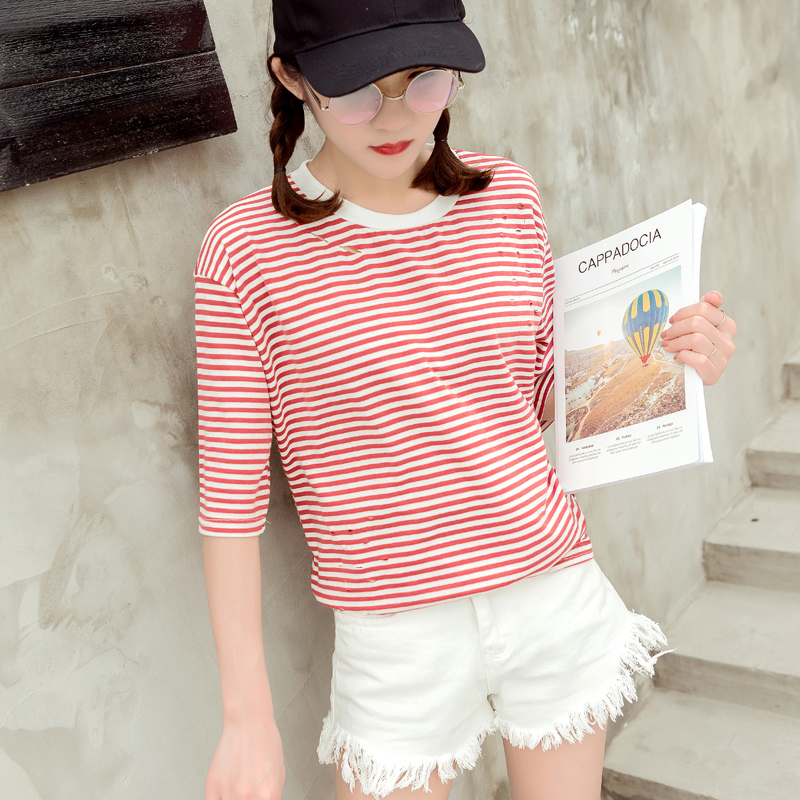 春夏裝新款韓版女裝半袖條紋T恤學院風小清新圓領寬松上衣潮
