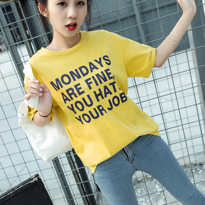 夏裝新款女裝t恤女短袖休閑圓領寬松字母印花學生上衣打底衫