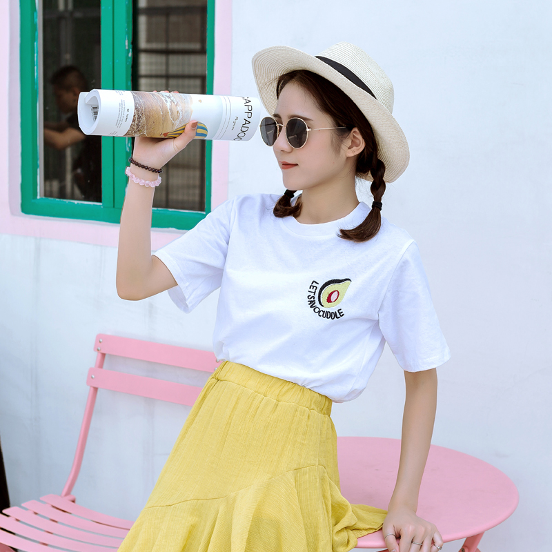 夏裝新款韓版女裝簡約圓領純棉T恤時尚刺繡短袖學院風上衣潮