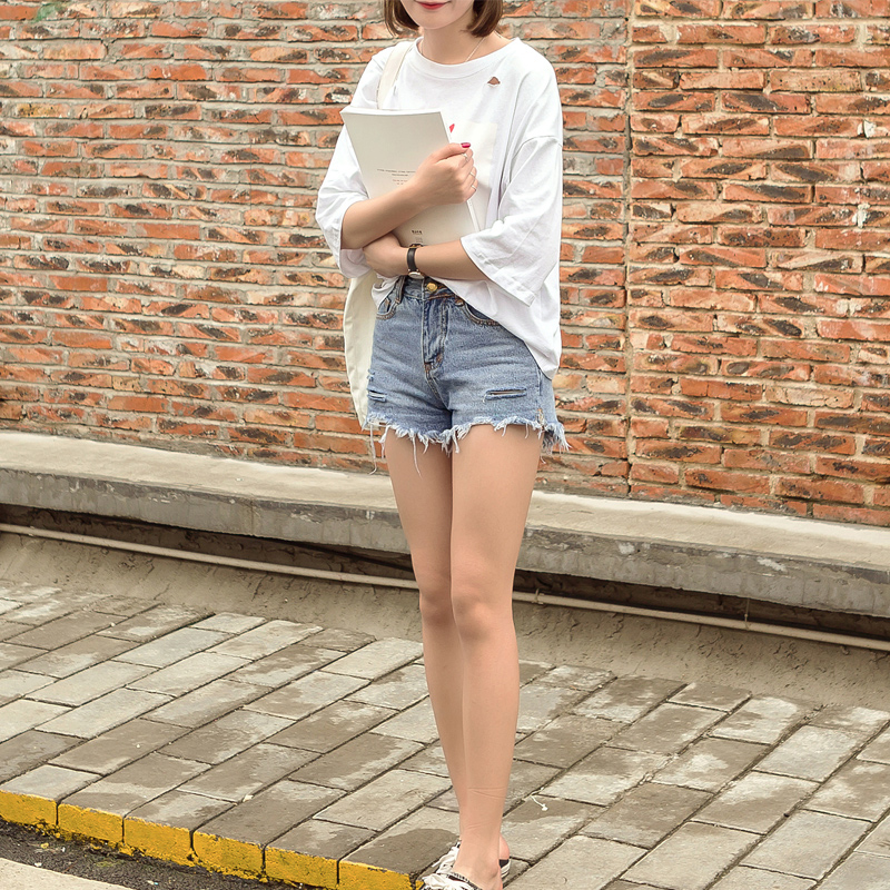 夏裝新款女裝韓版學生高腰牛仔短褲顯瘦破洞不規則下擺熱褲潮
