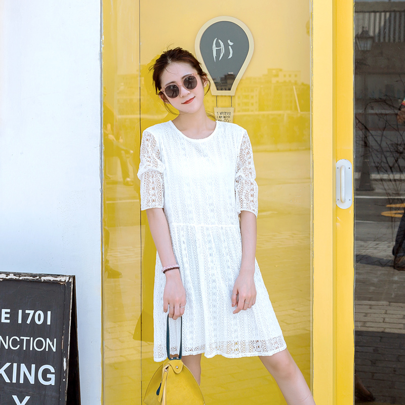夏裝新款韓版女裝小清新喇叭短袖連衣裙蕾絲寬松中長款裙子潮