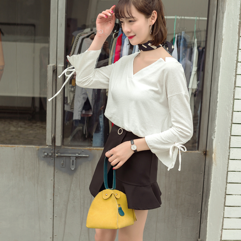 白色喇叭袖學生襯衫春裝新款女裝韓版寬松上衣顯瘦v領小衫潮