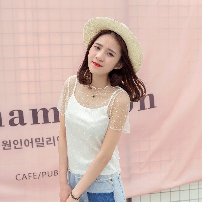 夏裝新款韓版女裝百搭蕾絲衫上衣白色短袖鏤空罩衫吊帶兩件套