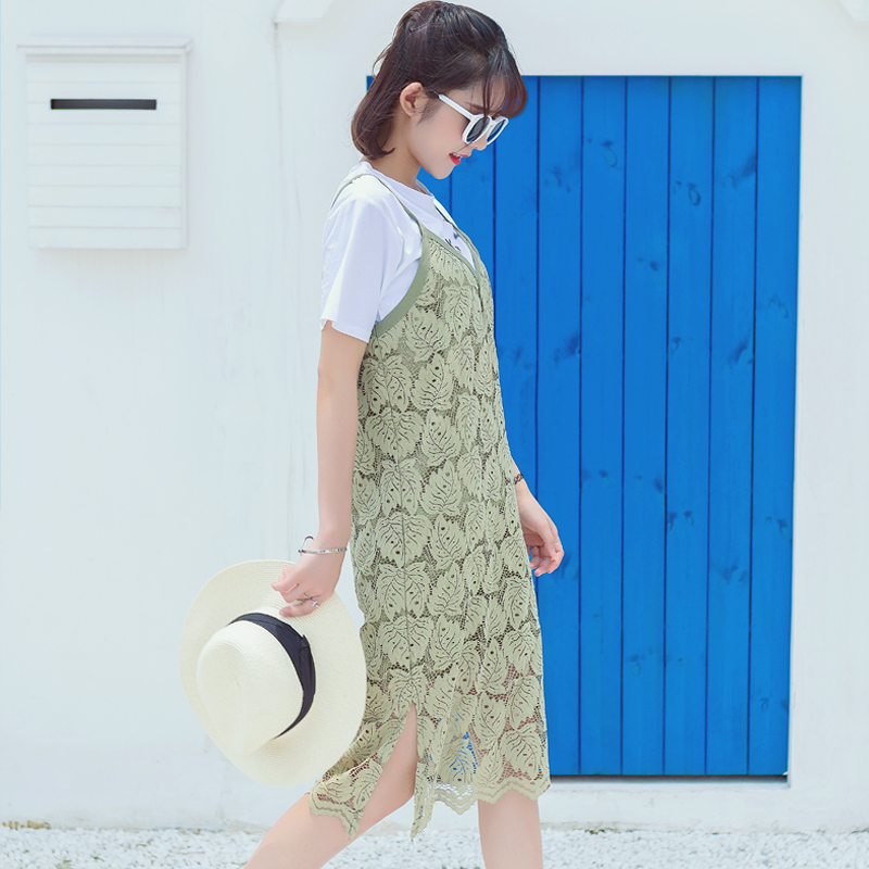 蕾絲吊帶連衣裙女夏裝新款女裝韓版修身學生鉤花小清新裙子潮