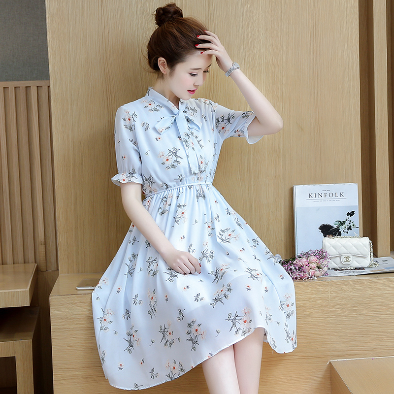 夏季新款小清新森女時尚短袖碎花雪紡打底修身中長款連衣裙女