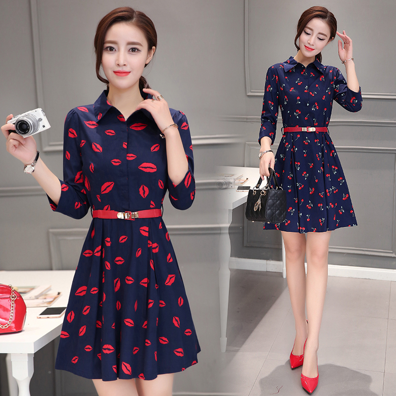 夏季新款潮女裝韓版修身顯瘦中長款七分袖時尚收腰襯衫連衣裙