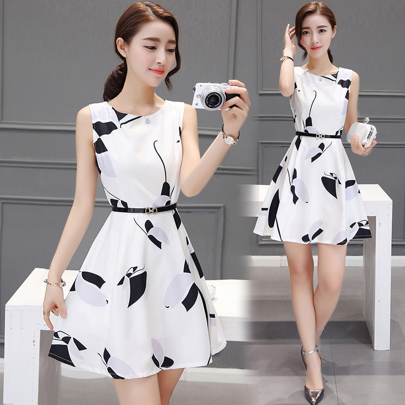 女夏季裝新款收腰修身時尚氣質小清新無袖A字連衣裙中裙韓版